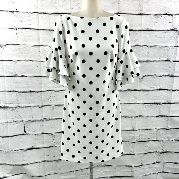 LAUREN RALPH LAUREN Dress Sz 0 Sheath White Black Polka Dot Ruffle Puffy… - Picture 12 of 13